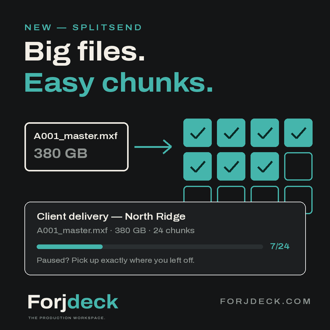 Forjdeck SplitSend showing a large production file divided into manageable download chunks
